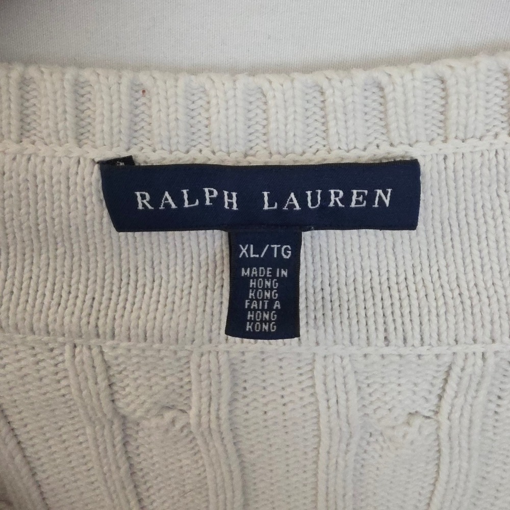 VTG Ralph Lauren Womens Cable Knit Cricket Sweater White Navy V-Neck READ 4 SIZE - Picture 4 of 8